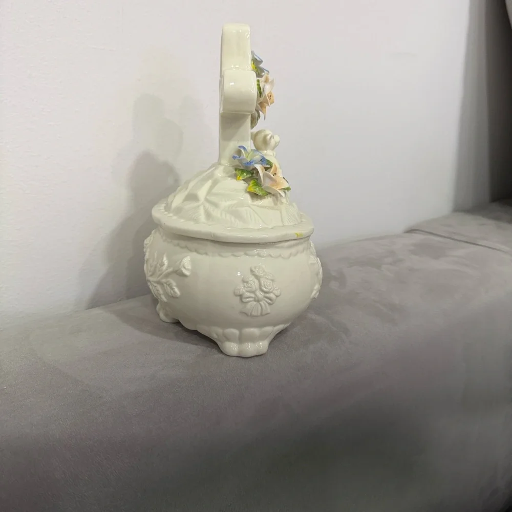 Porcelain Cross Trinket Music Box with Pastel Floral Accents Lamb Amazing Grace